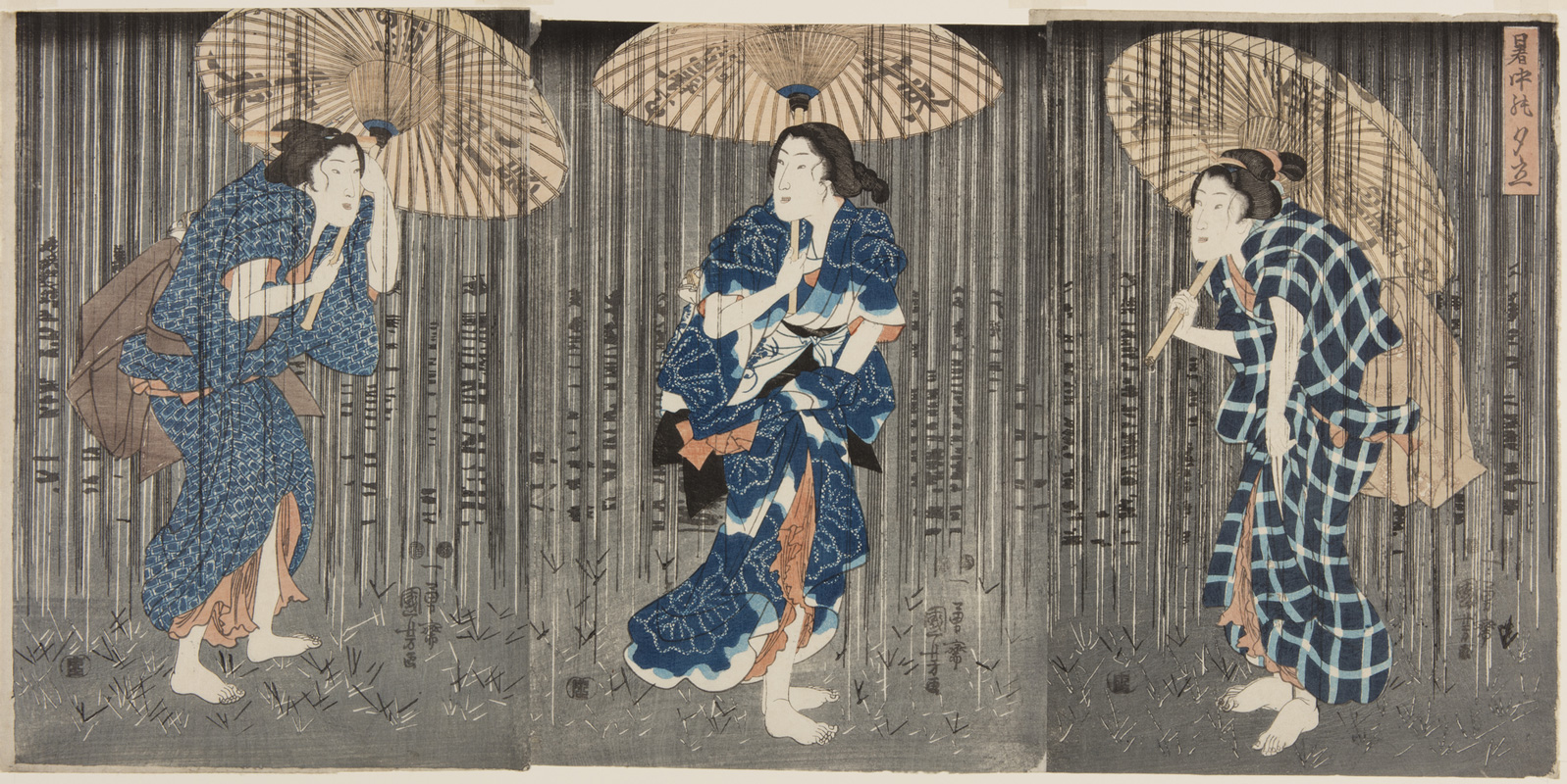 Japanese print of three people dressed in traditional clothes and bare feet standing on the grass, they clutch umbrellas against the rain.