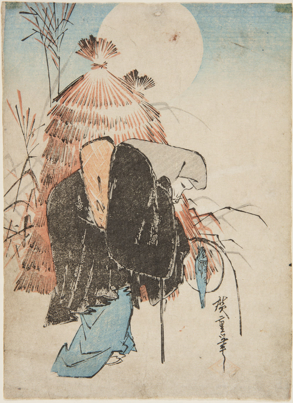 Japanese print of a bent figure dressed in traditional clothes, appears to have a fox face, holding line with a dangling fish, there are haystacks and a full moon in the background.