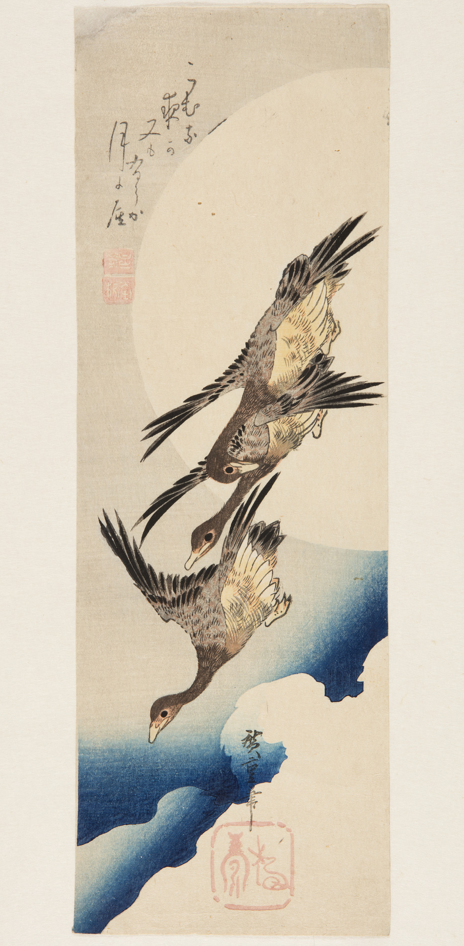 Japanese print of three geese flying, swooping down, a full moon is in the background.