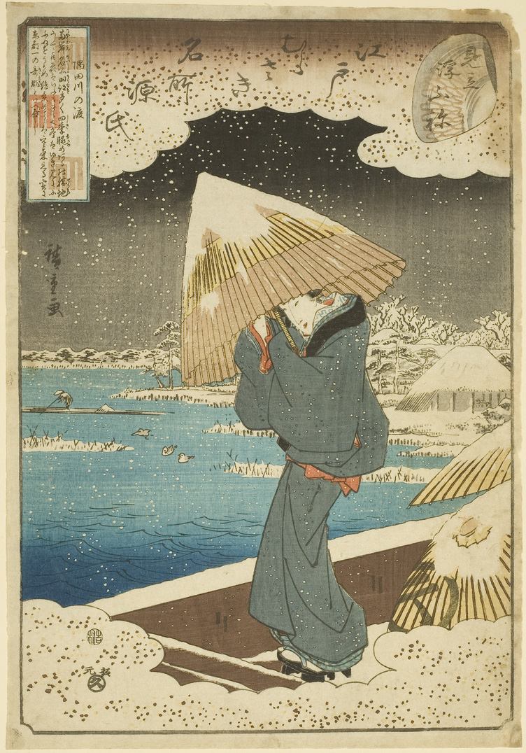 Japanese print of a figure dressed in traditional costume standing outside in the snow next to a river, they huddle under an umbrella covered in snow.