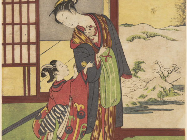 Japanese print of a woman and a child dressed in traditional clothes, the child reaches up to a kitten the woman holds in her kimono, we see a landscape through the door behind them.