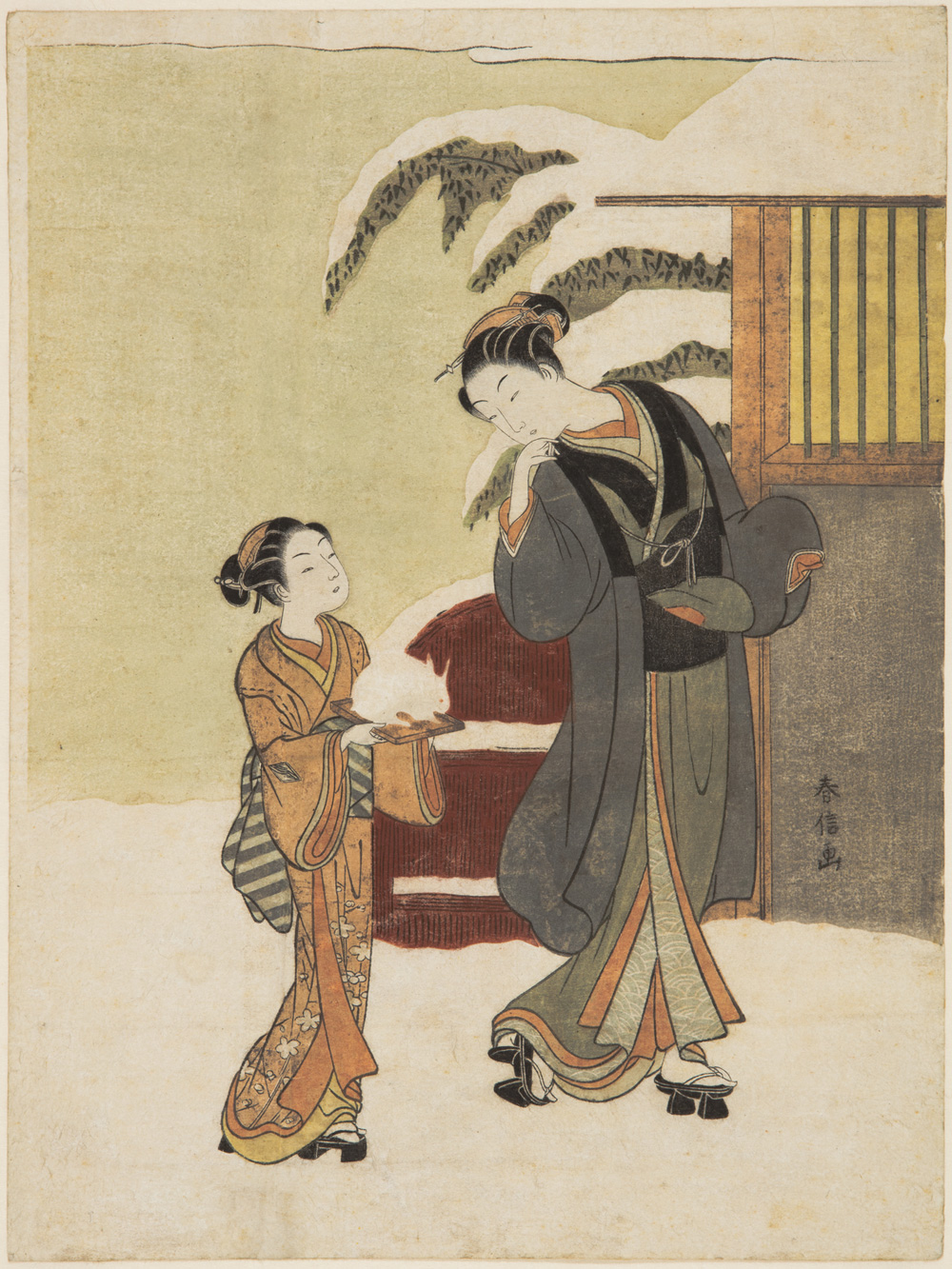 Japanese print of two women dressed in traditional clothes walking in the snow, one leans back to her attendant walking behind her.