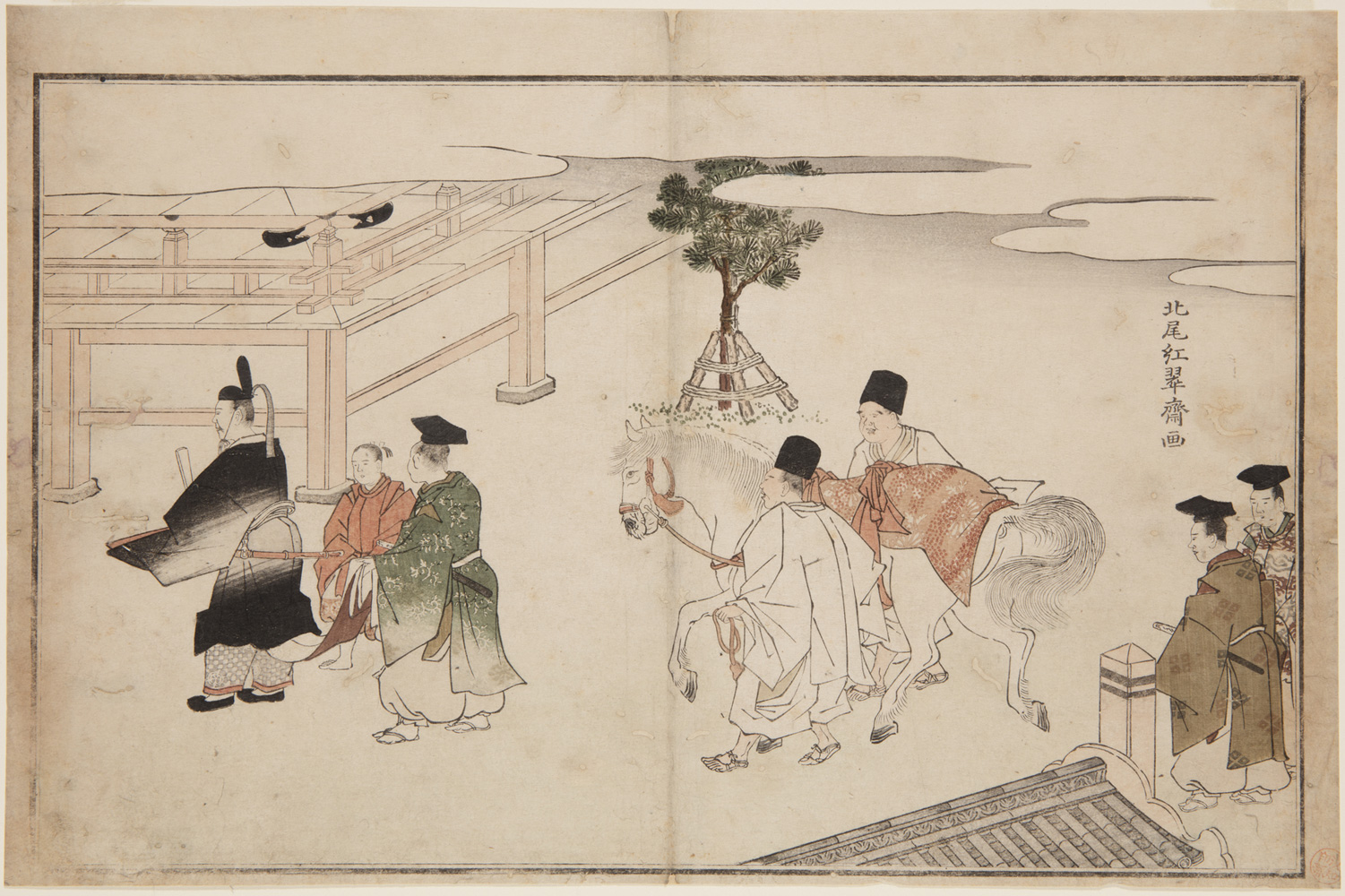 Japanese print of a group of people dressed in traditional clothes, in the front is a samurai lord followed by two attendants, behind them a white horse is being led by two men, two other men watch on.