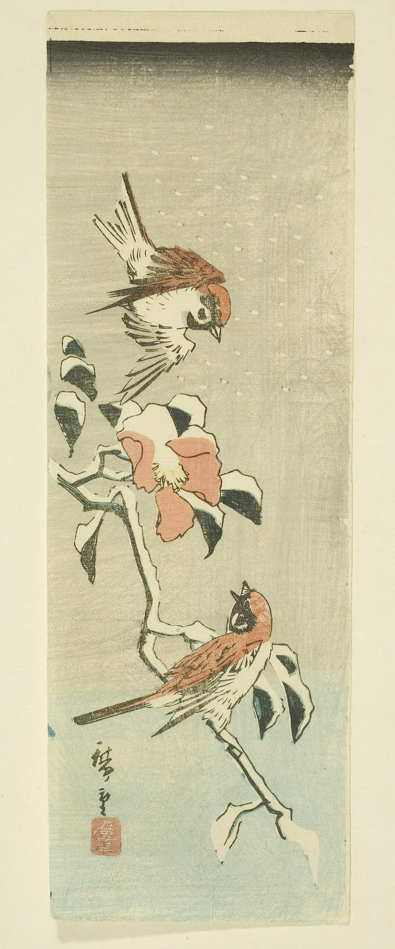 Japanese print of two sparrows one sat on a branch looking at the other flying down, it is snowing.