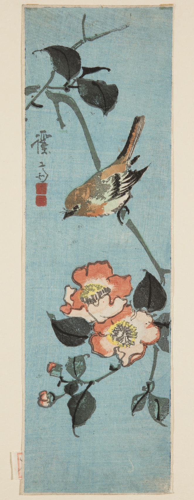 Japanese print of a sparrow sat on a branch with leaves and flowers.