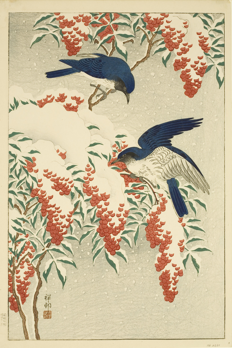 Japanese print of two birds eating berries from a snow covered tree with the snow coming down