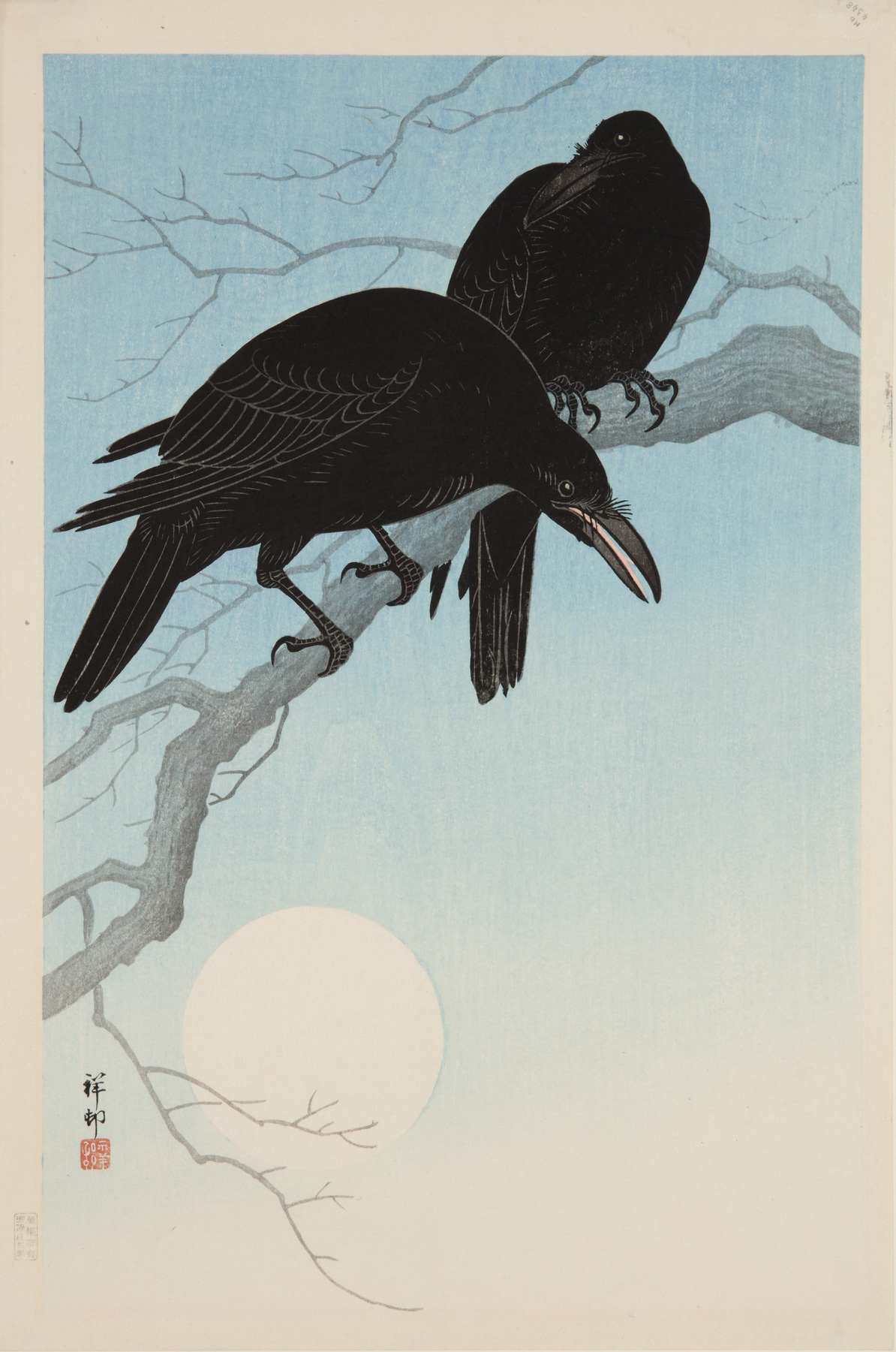 Japanese print of two black crows sat on a bare branch with the full moon shining below.