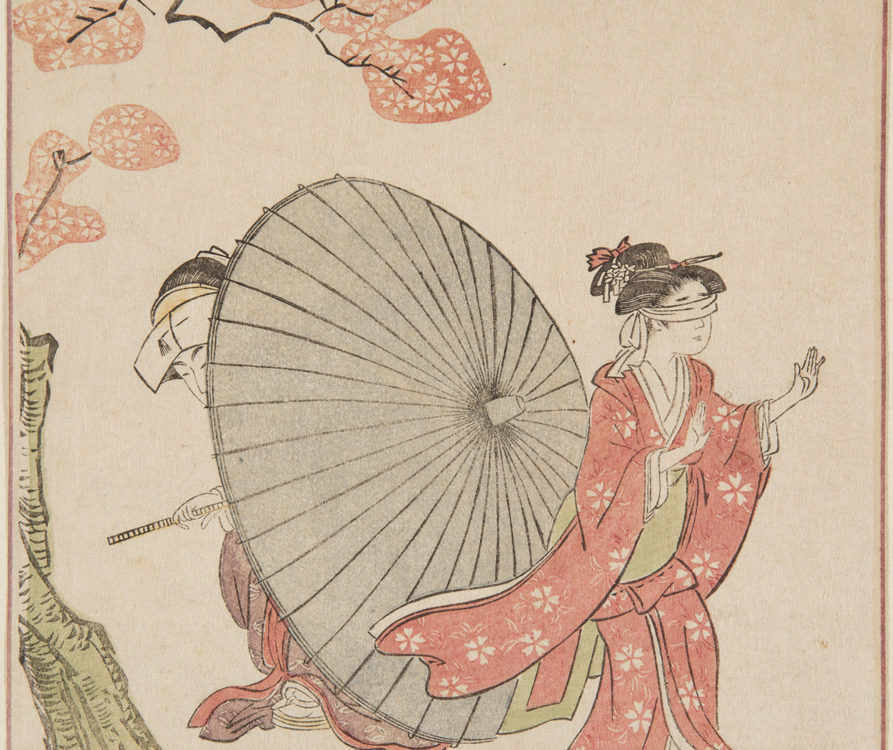 Japanese print of a couple dressed in traditional clothes, the woman has her eyes covered and is looking for the man partly hidden behind a large open umbrella.