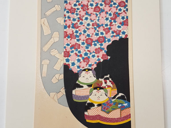 Print of two kimono designs one with white motifs the other with flowers and two colourful cat like creatures.
