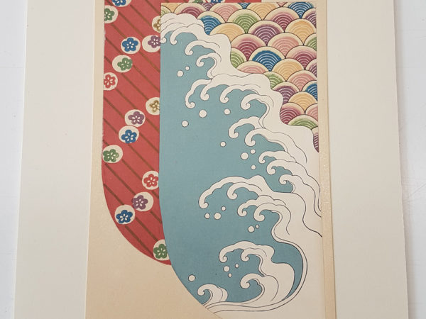 Image of two kimono designs one of small flower motifs the other of the sea and crashing waves.