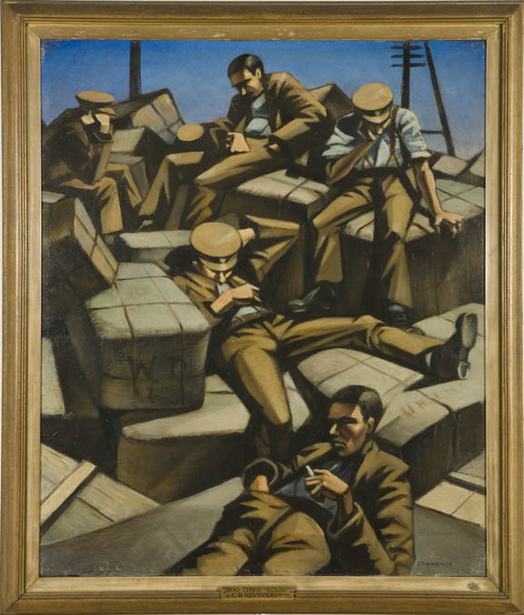 Painting depicting soldiers sleeping titled dog tired by christopher nevinson
