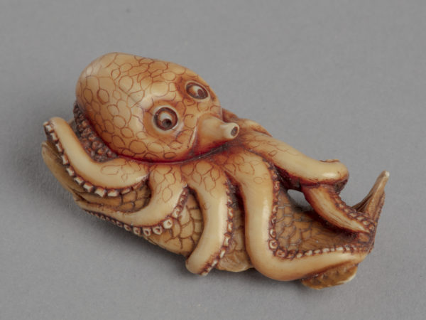 A Japanese ivory netsuke of an octopus with its tentacles wrapped around a fish.