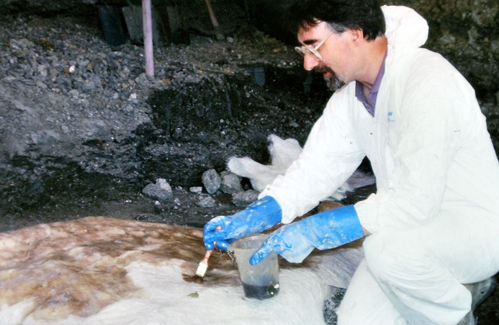 A man in a white boiler suit and blue gloves brushes a fossil