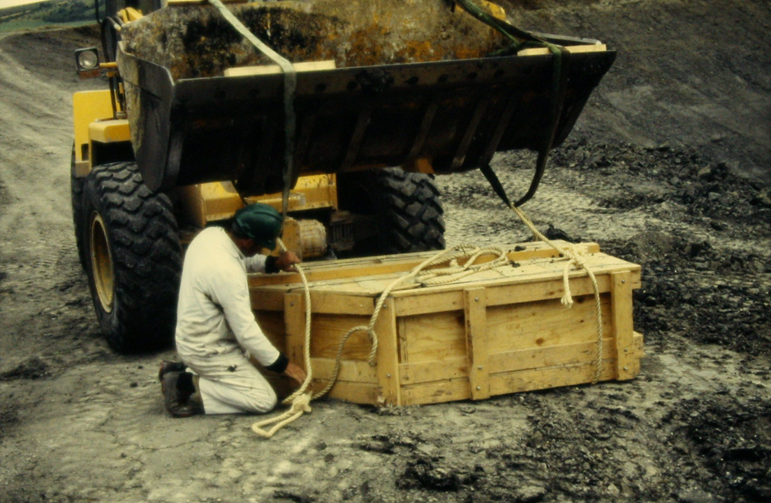 a yellow tractor arrives to pick up the large crate with the pliosaurus fossil in it. a man in a white boiler suit crouches down next to the crate