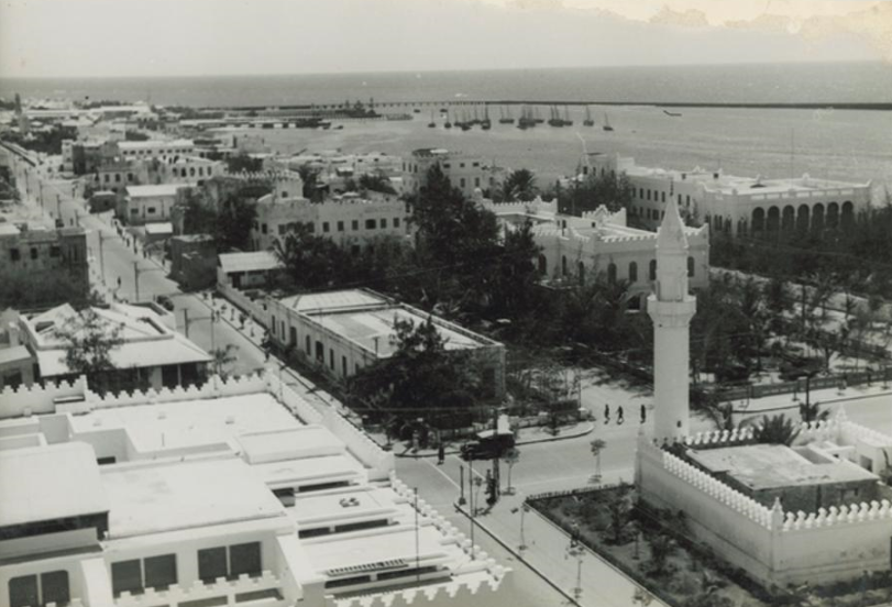 Black and white photo of view over central Mogadishu, 1939
