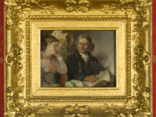 Painting of man reading to woman