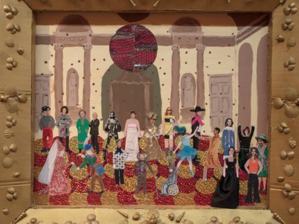 Painting and collage of party in historic ballroom