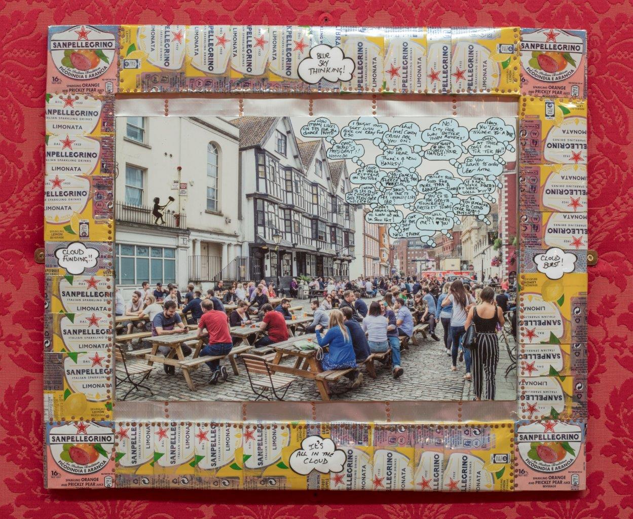 Collage of Bristol pub scene in frame made from cans