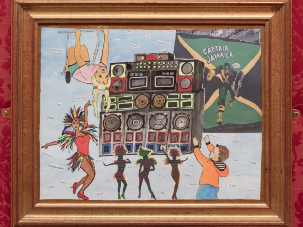 Painting of children and dancers in front of sound system in St Pauls, Bristol