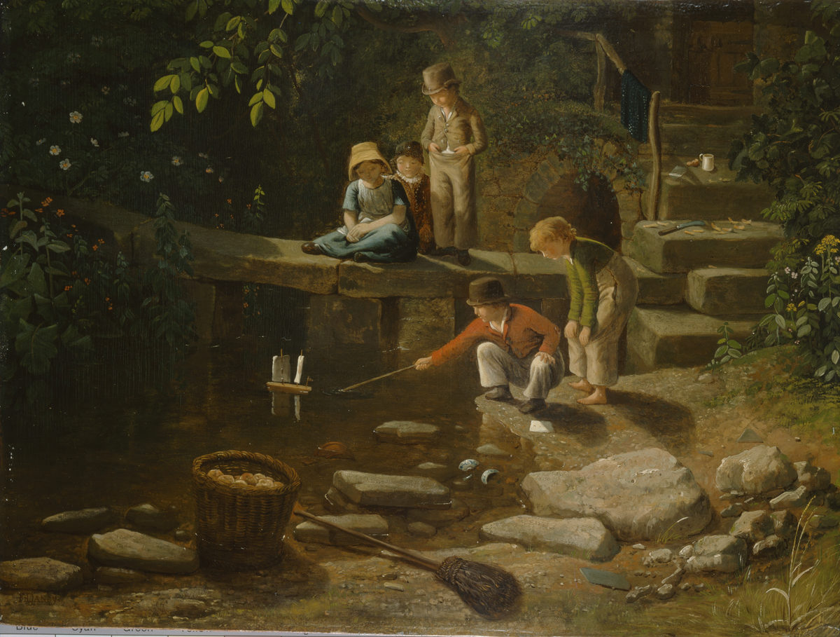 Painting of children playing by stream