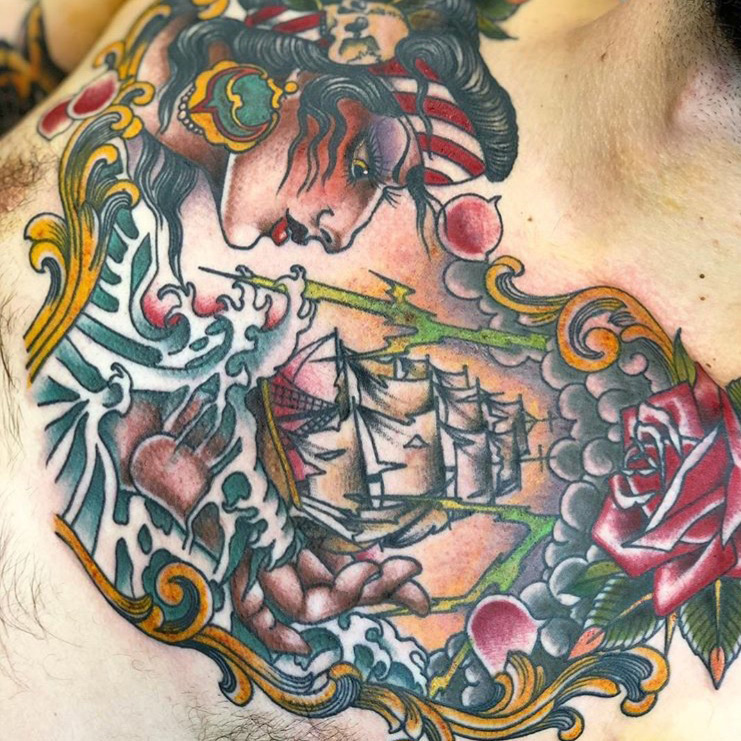 Emilio's ship chest tattoo in a classic sailor style