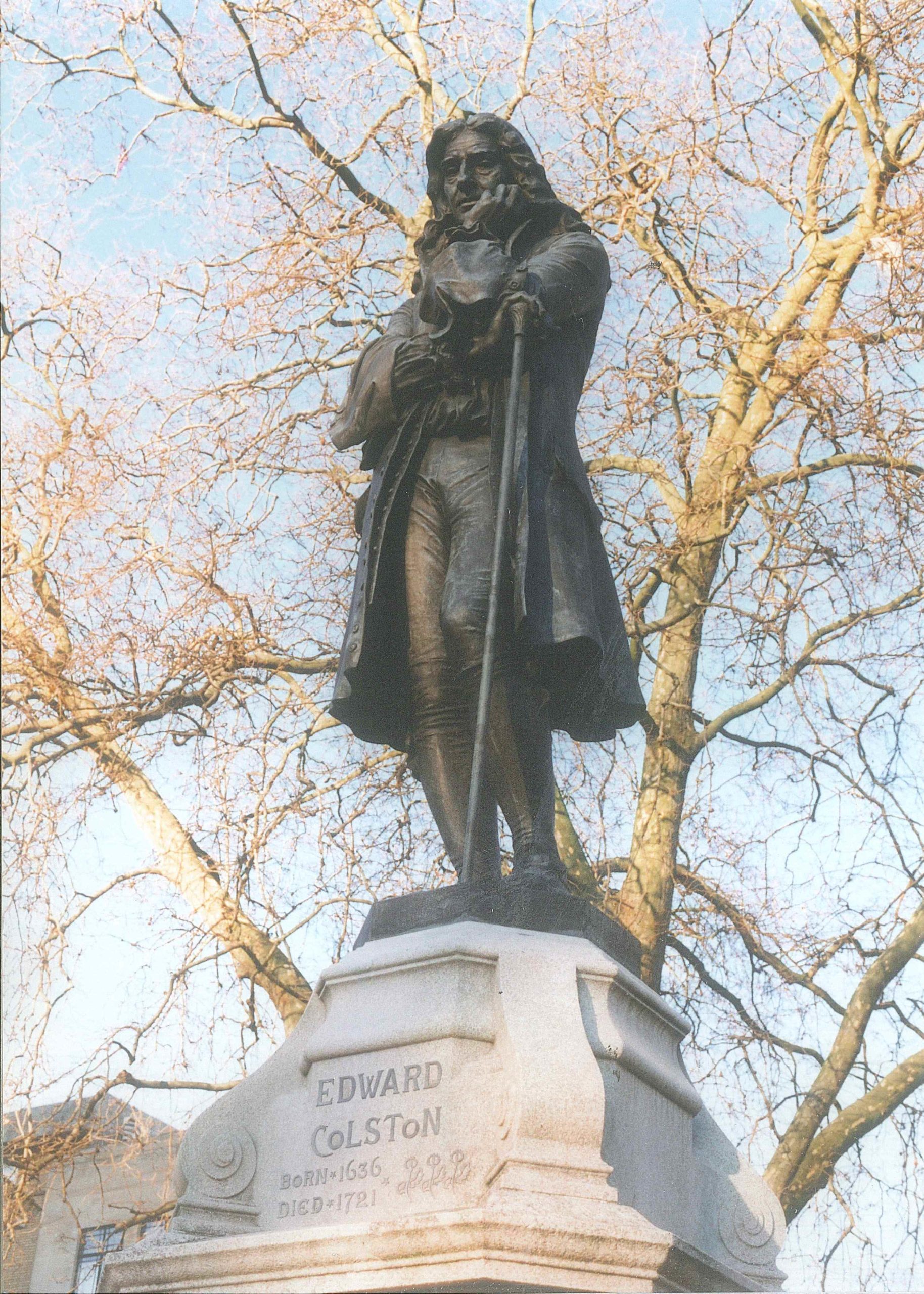 Picture of the statue of Edward Colston on statue plinth in Bristol