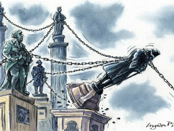 Cartoon of statues of men on plinths, chained together. The statue of Edward Colston is being pulled down by hands in the bottom right corner of the image.