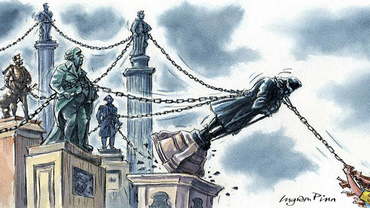 Cartoon of statues of men on plinths, chained together. The statue of Edward Colston is being pulled down by hands in the bottom right corner of the image.
