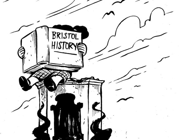 Black and white cartoon drawing of a small girl on the empty statue plinth of Colston, reading a book called ‘BRISTOL HISTORY’.