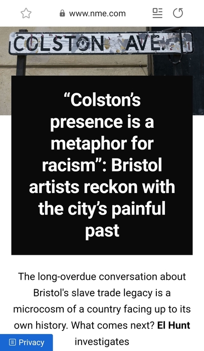 Screenshot from www.nme.com. ‘’Colston’s presence is a metaphor for racism’: Bristol artists reckon with the city’s painful past.’ NME online (© NME)